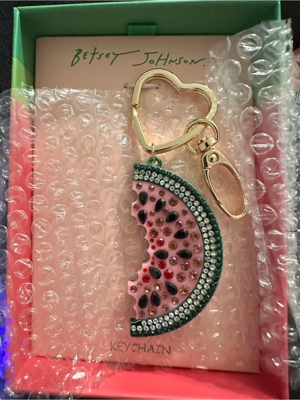 NWOT  Betsey Johnson Crystal Watermelon Key Fob 5-inch Bag Charm Gold Tone